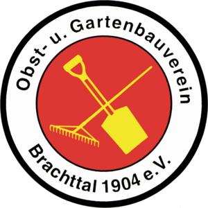 Logo des Obst- und Gartenbauvereins Brachttal 1904 e. V. mit rotem Kreis und gelben Gartenwerkzeugen (Spaten, Rechen) im Zentrum, umgeben von Vereinsname im weißen Rand.